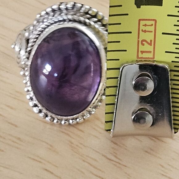 Amethyst 925 Silver Ring Size 6 Ornate Jewelry Purple Birthstone Oval - Picture 6 of 7